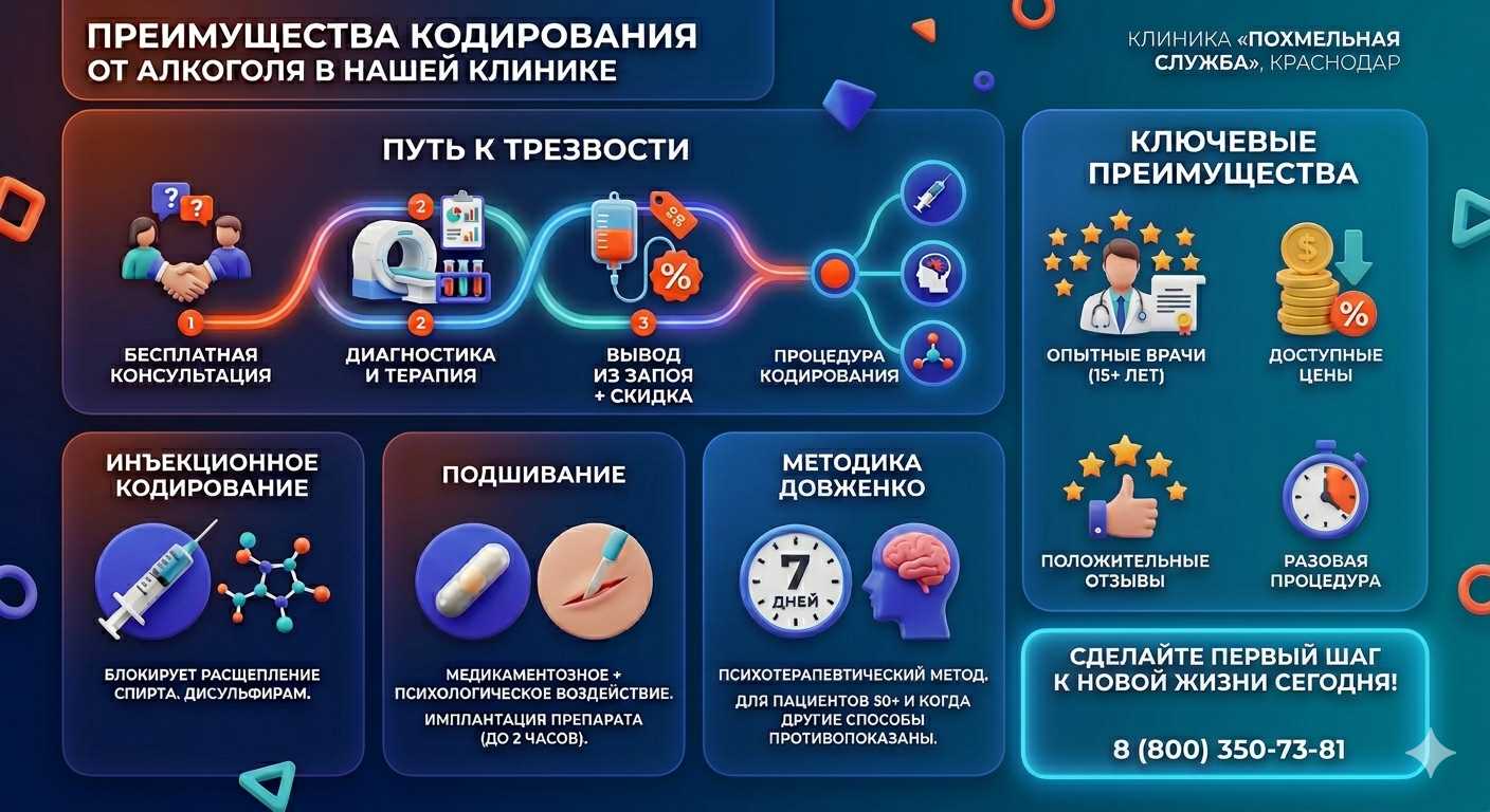 Инфографика о методах кодирования от алкоголя в Череповце: инъекции, подшивание, метод Довженко. Преимущества клиники и этапы лечения.