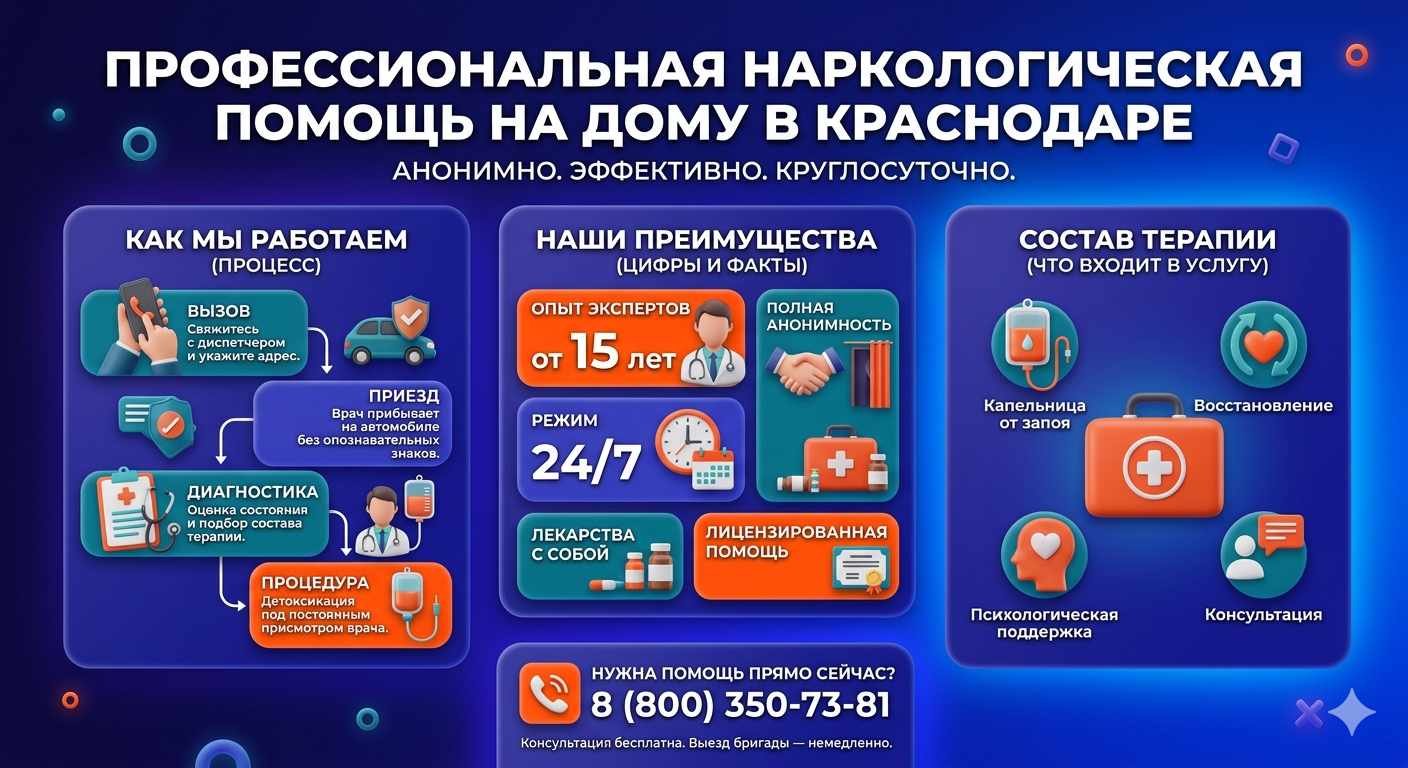 Инфографика о принципах лечения алкоголизма на дому в Череповце: этапы вызова нарколога, преимущества анонимной детоксикации и состав медицинской помощи.